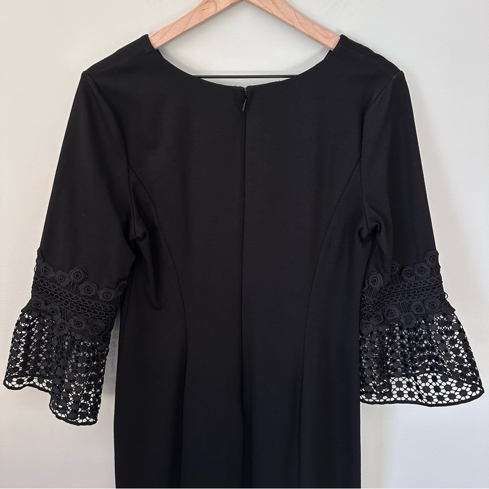 Talbots 10 Sheath Dress Black Ponte Fabric Crochet Bell Sleeve Cocktail Formal - Picture 9 of 12